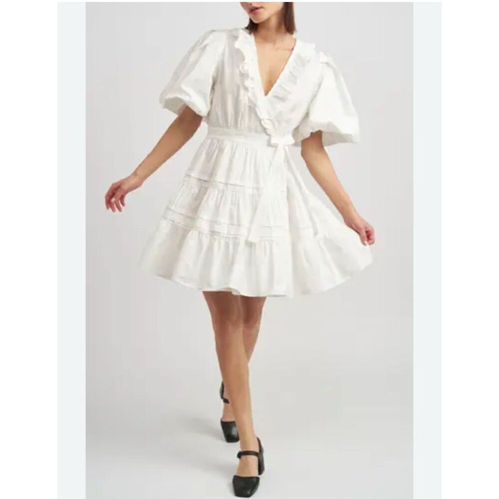En Saison Loren White Ruffle Wrap Minidress Size L Short Sleeve Summer Sundress